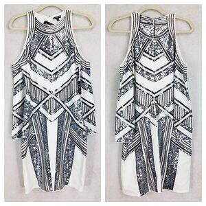 NEW EXPRESS Size M Long sleeves Cold Shoulder Sequined Dress White NEW w flaw